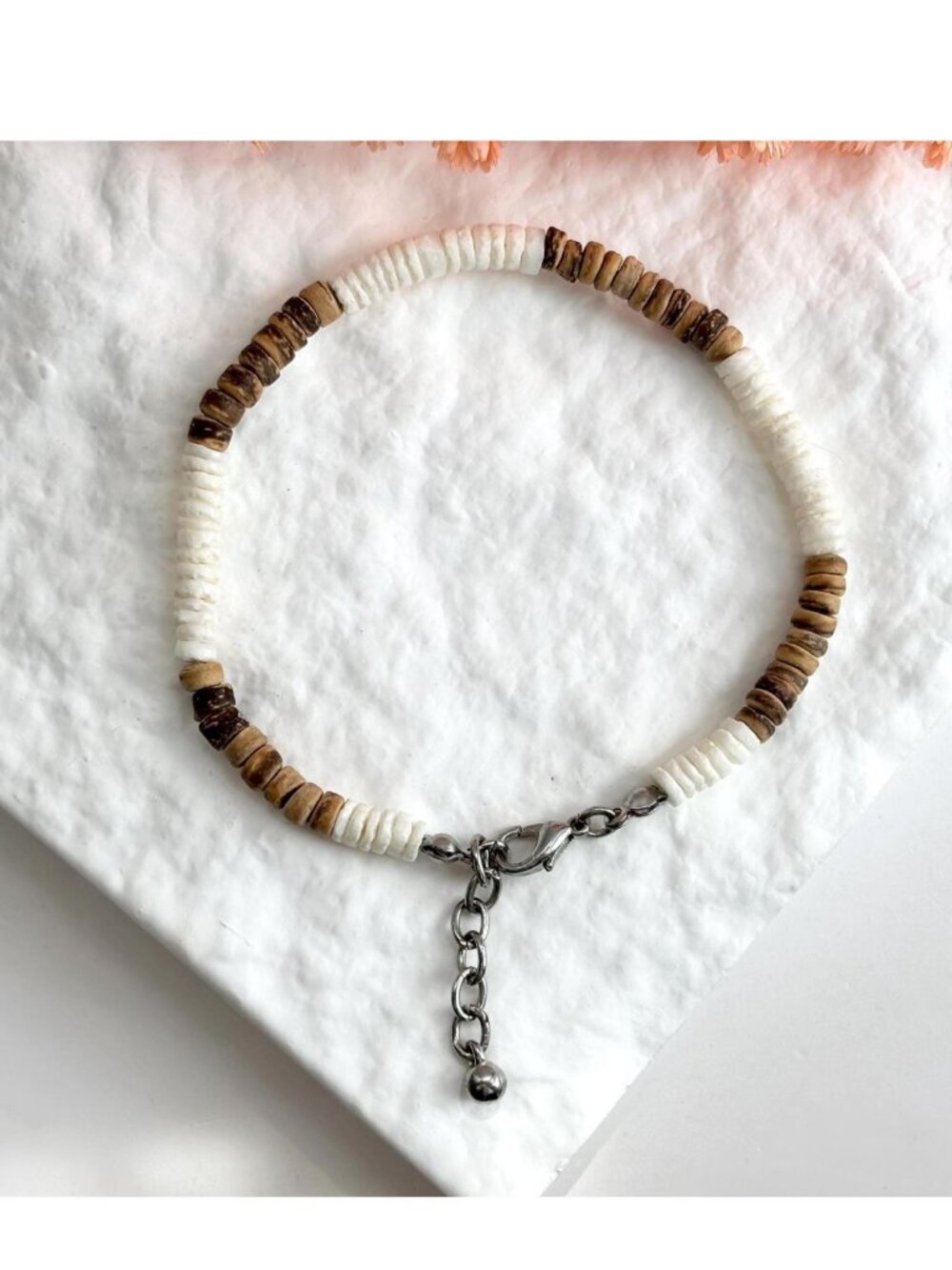 Wooden & White Stone Stacked Beaded Extendable Beach Inspired Vintage Bracelet